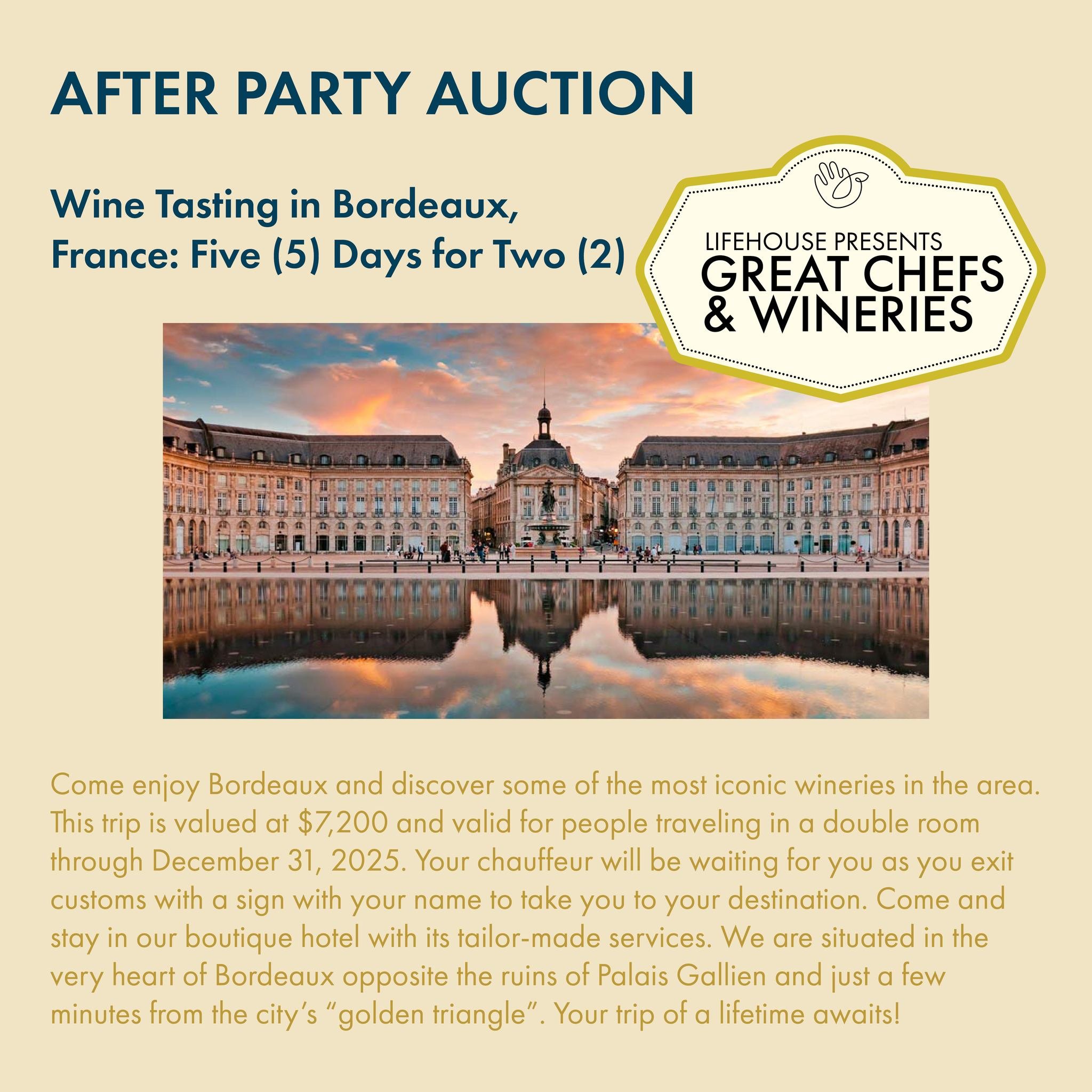 AFTER PARTY AUCTION IS HERE!� April 18- April 20 The 'After Party' auction has some amazing new luxury trips to offer and some items that you may have missed before.

We need your help now more than ever to ensure Lifehouse is able to continue provid