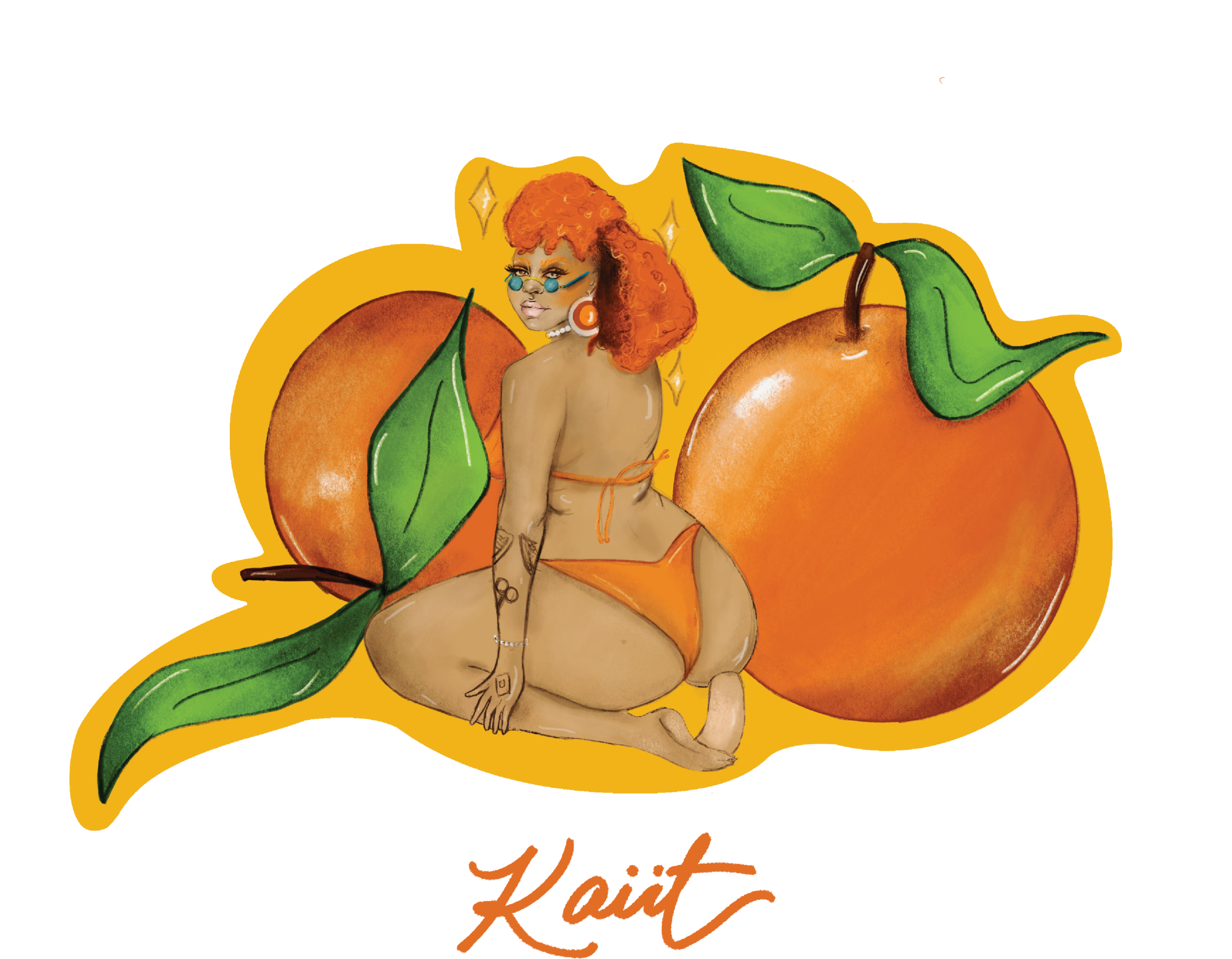    A t-shirt design for Independent music artist Kaiit.  It was requested that the t-shirt captures Kaiit's uniqueness and her signature colour orange.   Through her music, Kaiit promotes self love and empowerment. This illustration embodies her quir