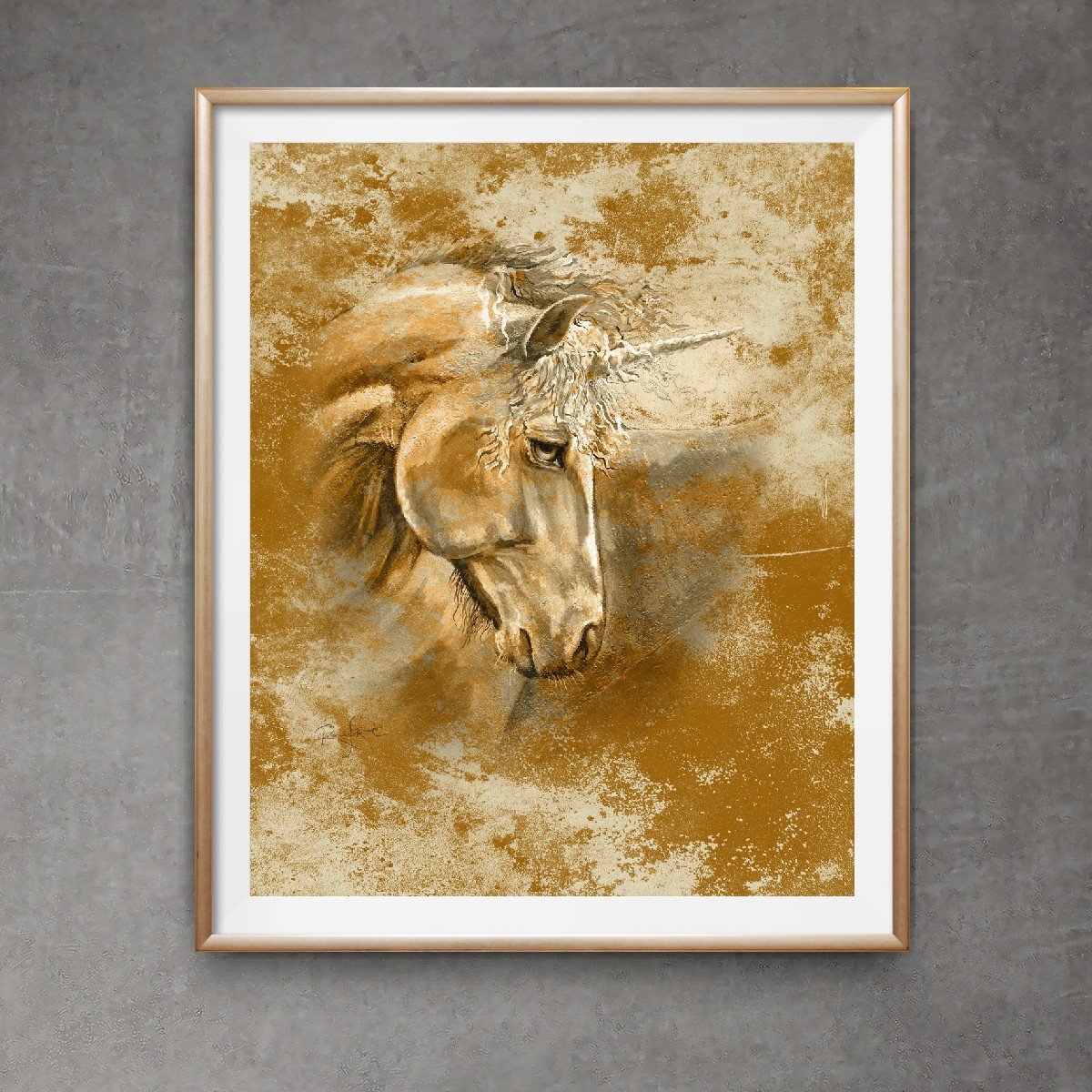 unicorn of golden memories mixed media copyright renee fukumoto matt and frame sample 2.jpg