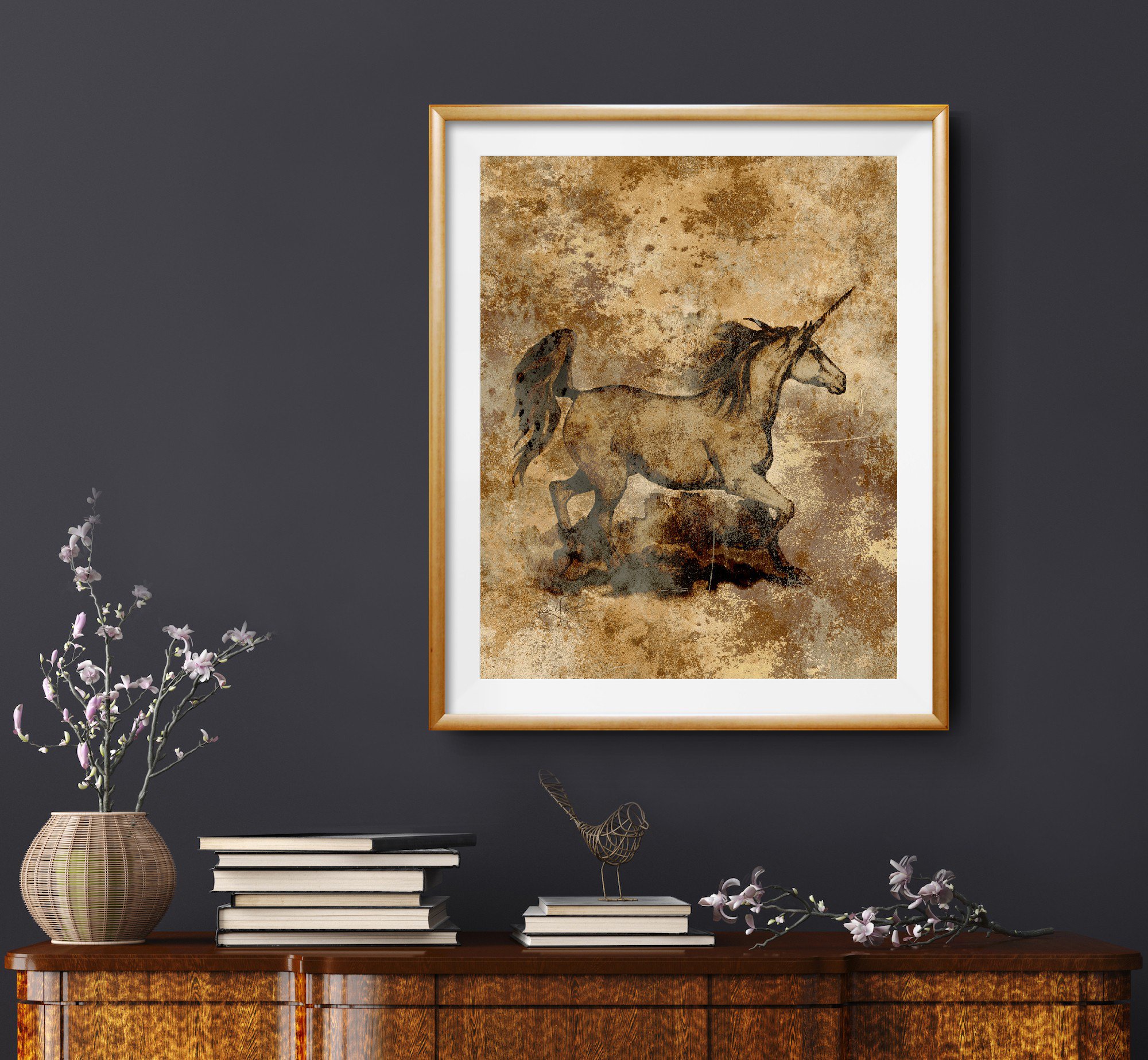 unicorn-memories-forge-ahead-number-3-renee-forth-fukumoto matt and frame sample art print over credenza.jpg