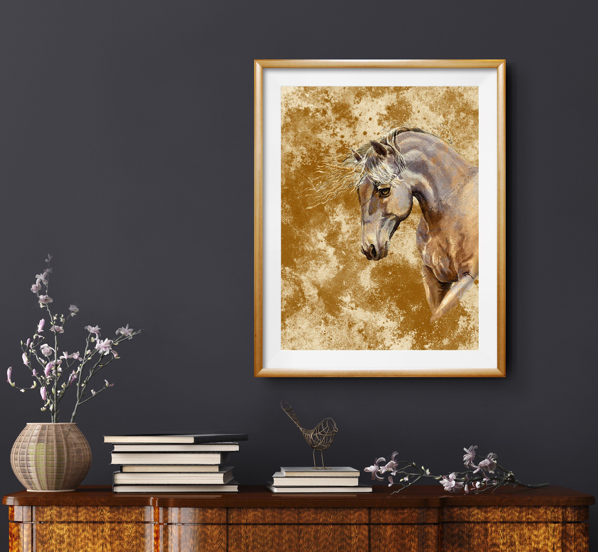 unicorns are memories of gold mixed media copyright renee fukumoto matt and frame sample over credenza.jpg