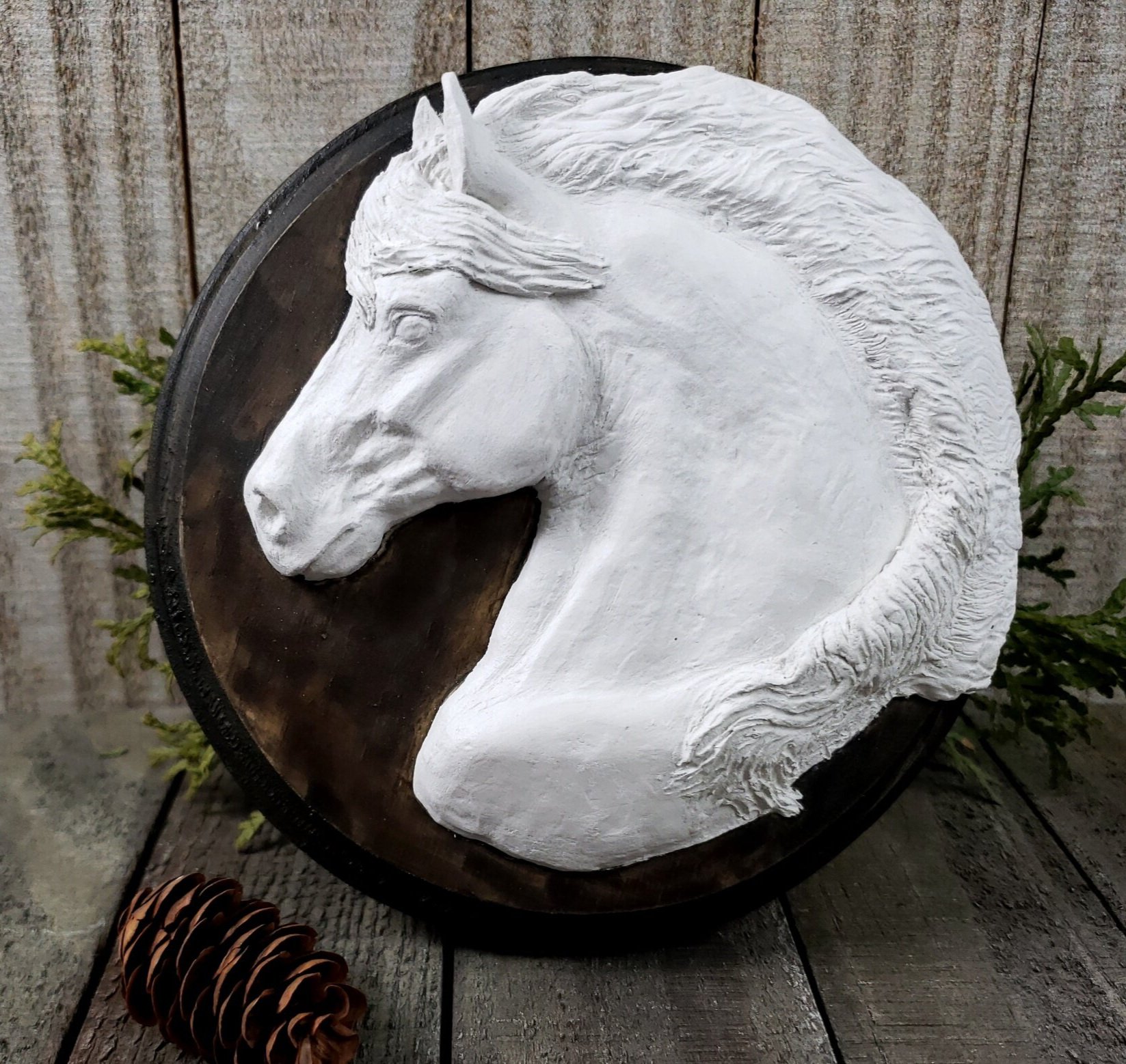 Horse Portrait Bas Relief Sculpture on Round Wood Base