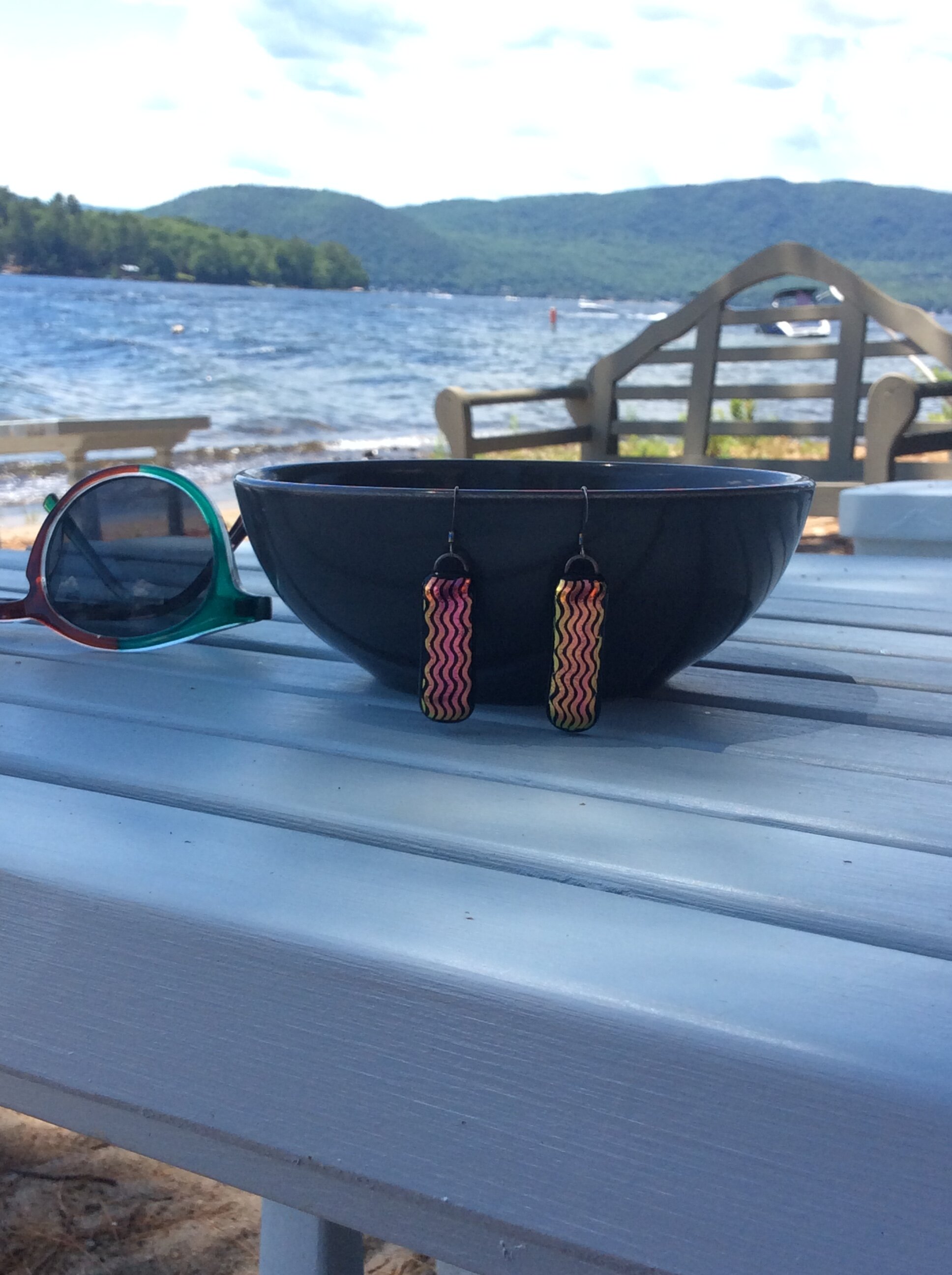 EFL-16, Dichroic Orange/Black Wavy Striped Glass Earrings