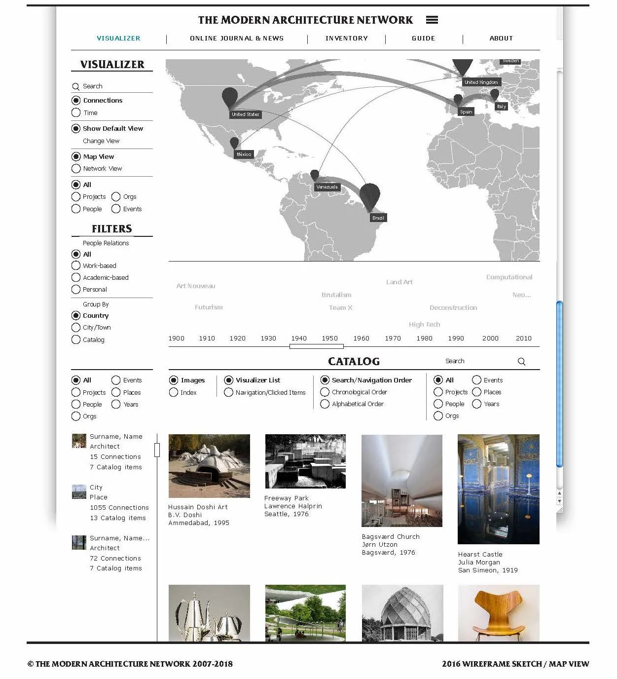 Wireframe sketch, map view. The Modern Architecture Network . Courtesy of Laura Foxman.