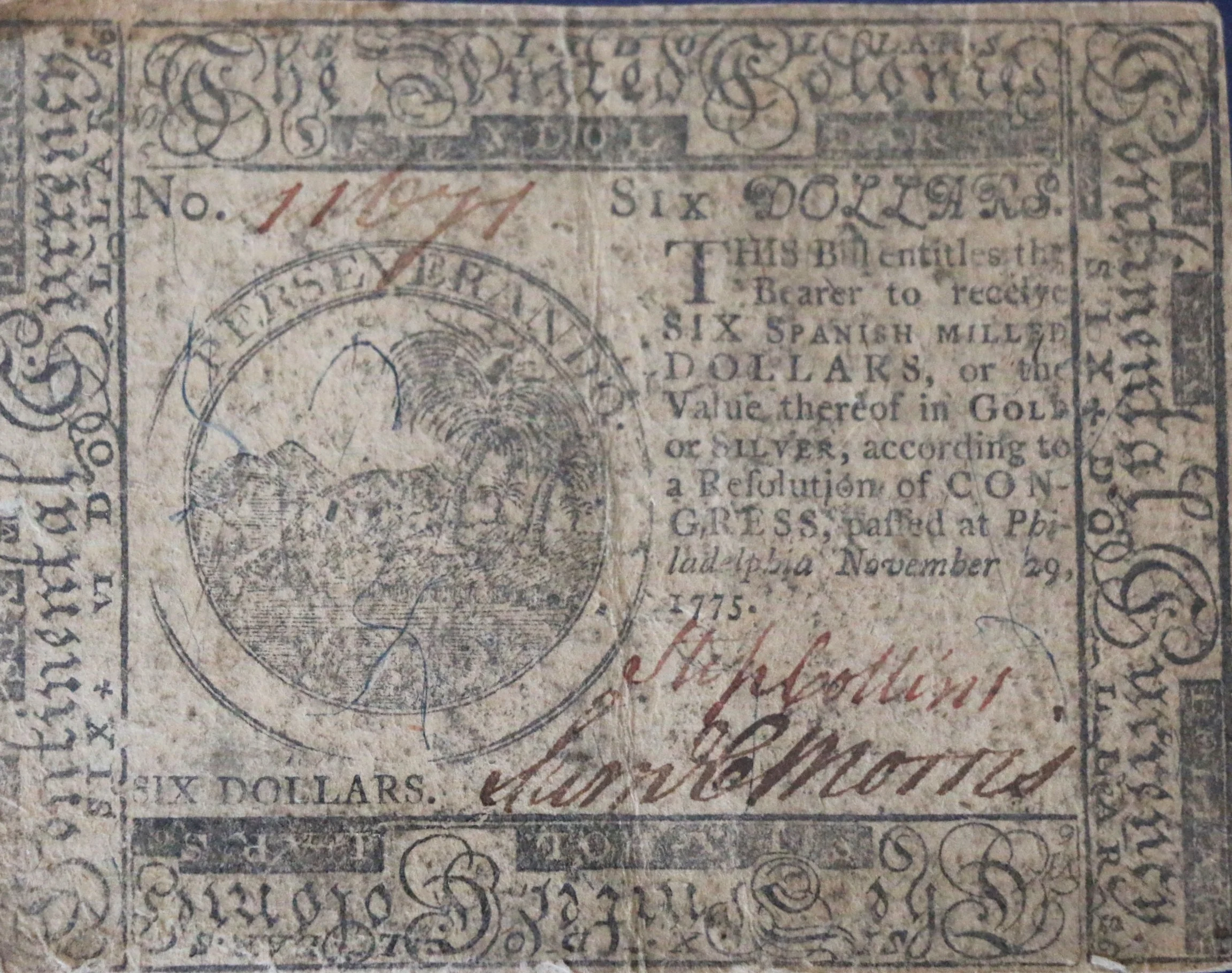 Six Dollars Continental Currency Nov. 29, 1775