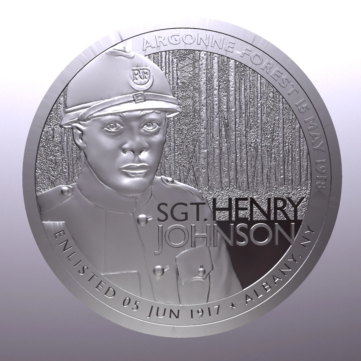 Draft of the 3D sculpt for the Ferris Coin Silver round commemorative medal for Sgt. Henry Johnson. The sculpt is based on original artwork by Chris Costello. (Provided)