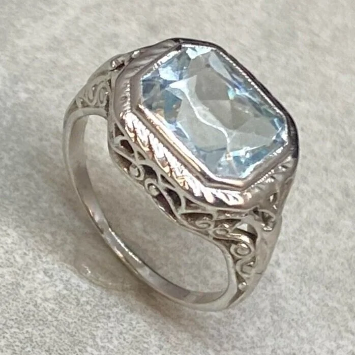 Platinum Filigree Emerald Cut Aquamarine Edwardian Engagement Ring