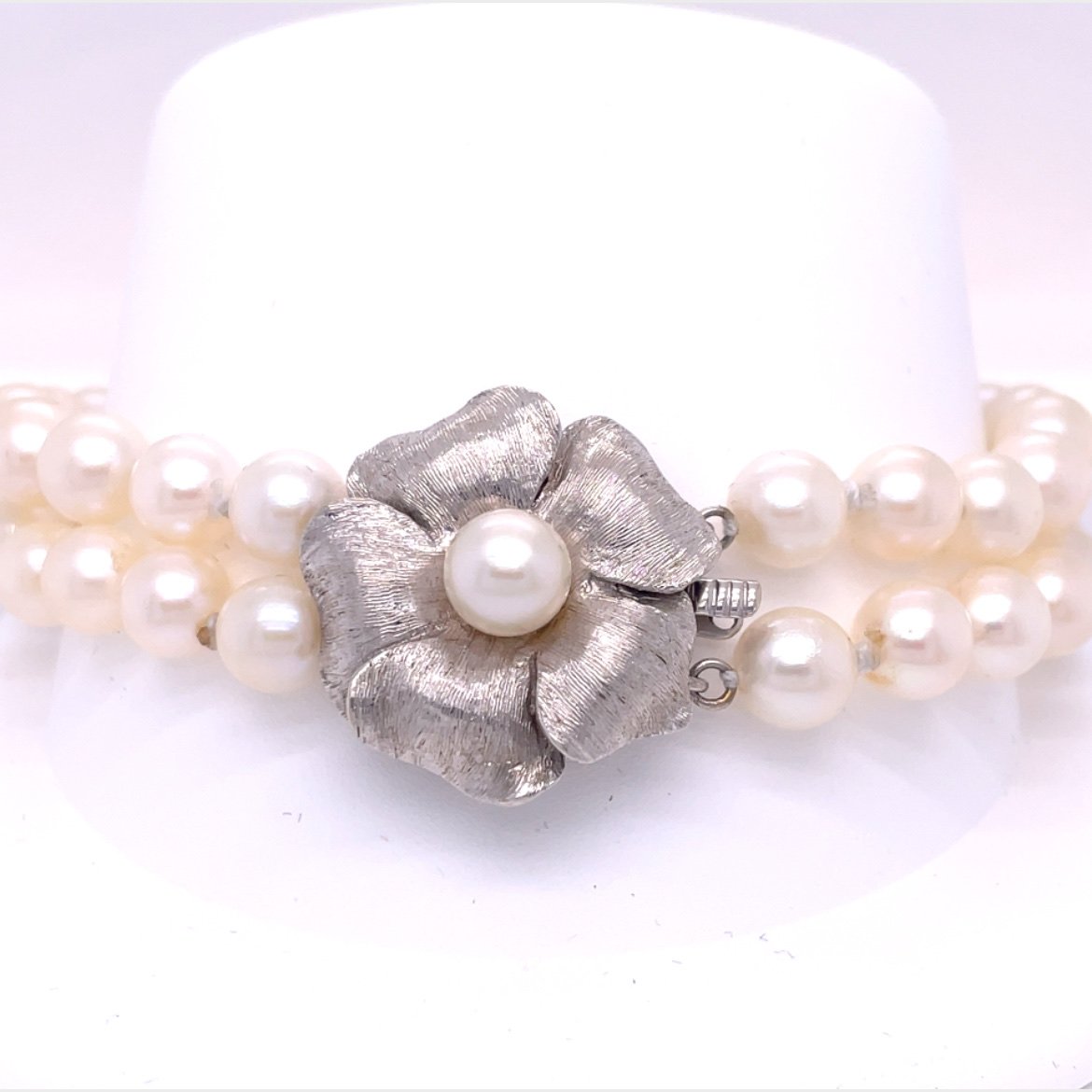 14k White Gold Double Strand Pearl Bracelet w/Floral Clasp — Ferris Coin &  Jewelry - GIA Diamonds Vintage Jewelry U.S Coins - Buy and Sell Rare And  Unique American Coins