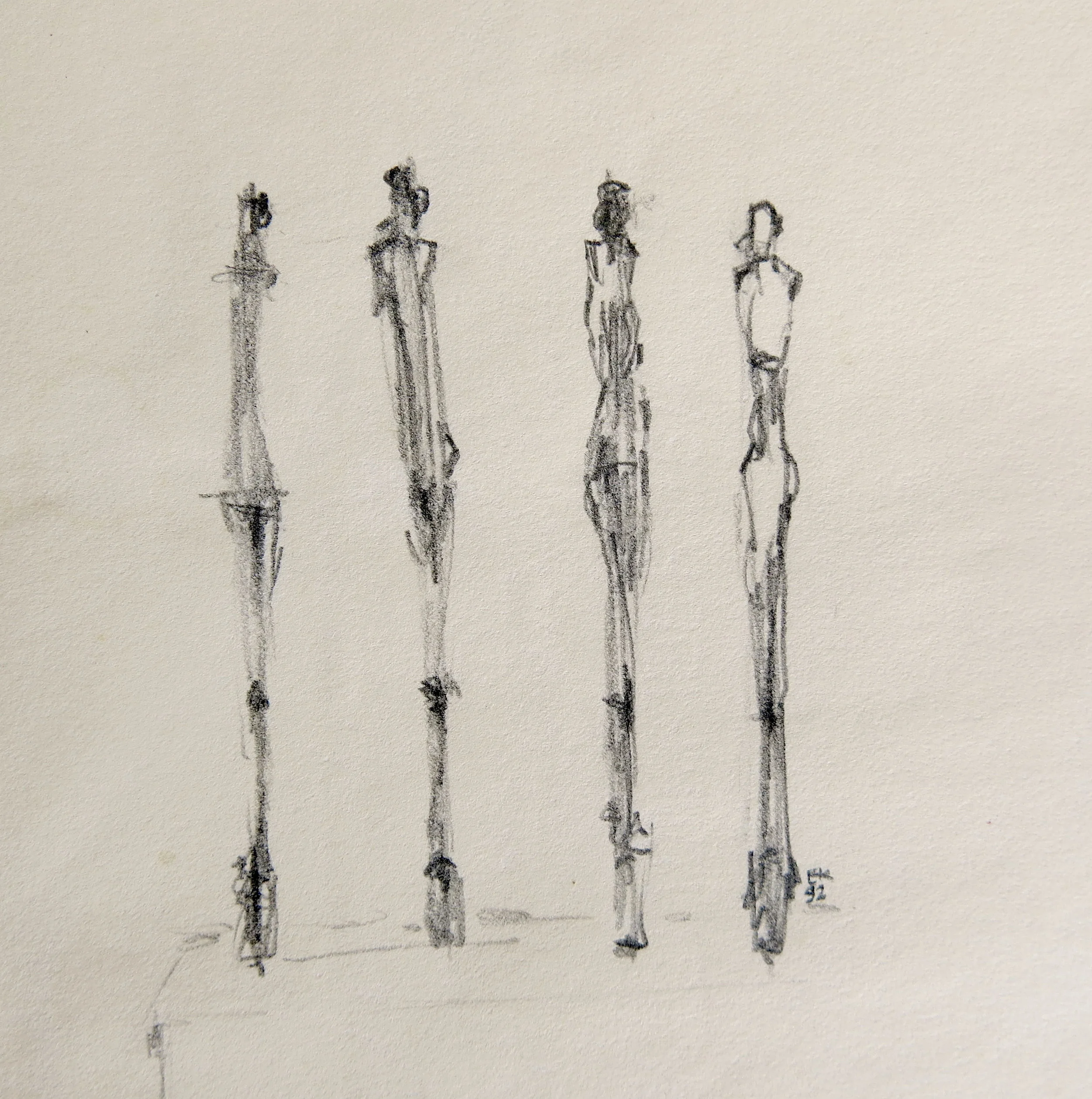 Giacometti figures/ graphite on paper 12 x 18"