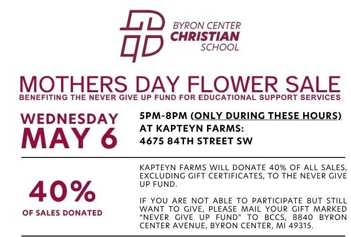 The Mother&rsquo;s Day Flower sale is Wednesday and is a great way to support educational support services at BCCS! #bccs