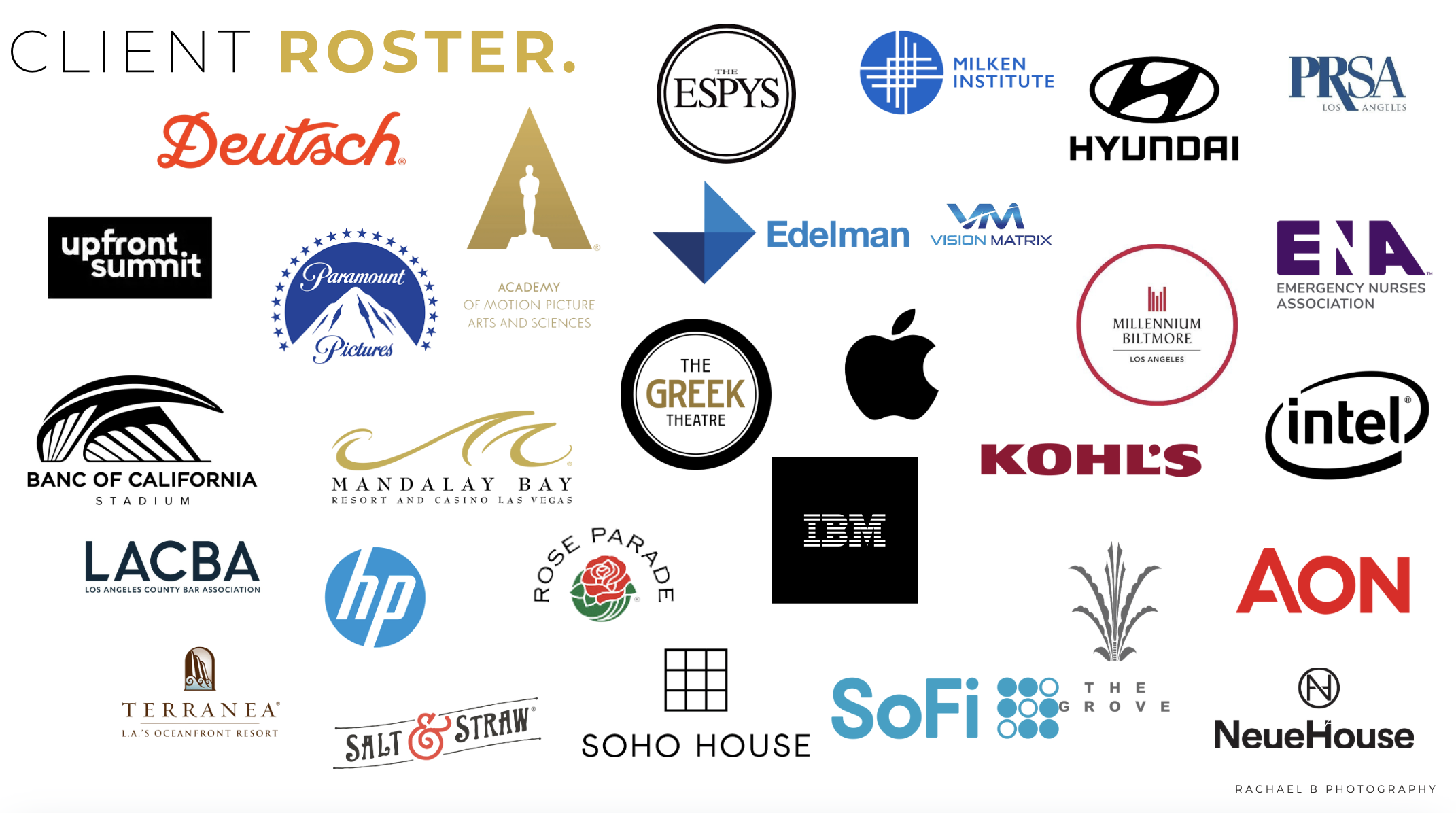Rachael B Photography client roster featuring leading brands, entertainment organizations, corporate events and Los Angeles venues.