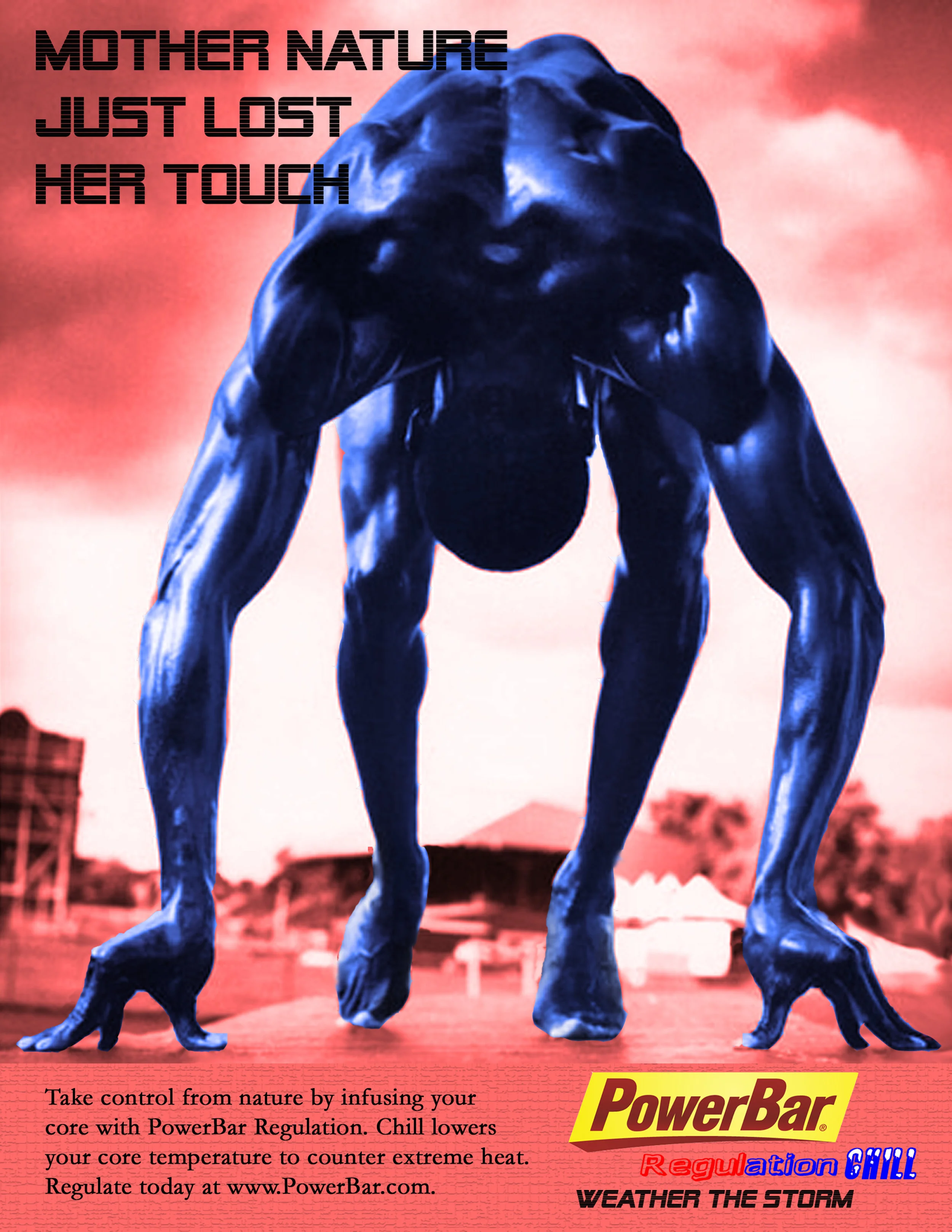 Magazine Ad 1 of 2 for PowerBar Regulation, a fictional product I concepted for a creative marketing class in college. The assignment was to market a food item, but the interesting aspect was that the product did not have to be bound by the constraints of science; hence, an energy bar that would allow your body temperature to adjust depending on the outside temperature, like central heating and air for your body.