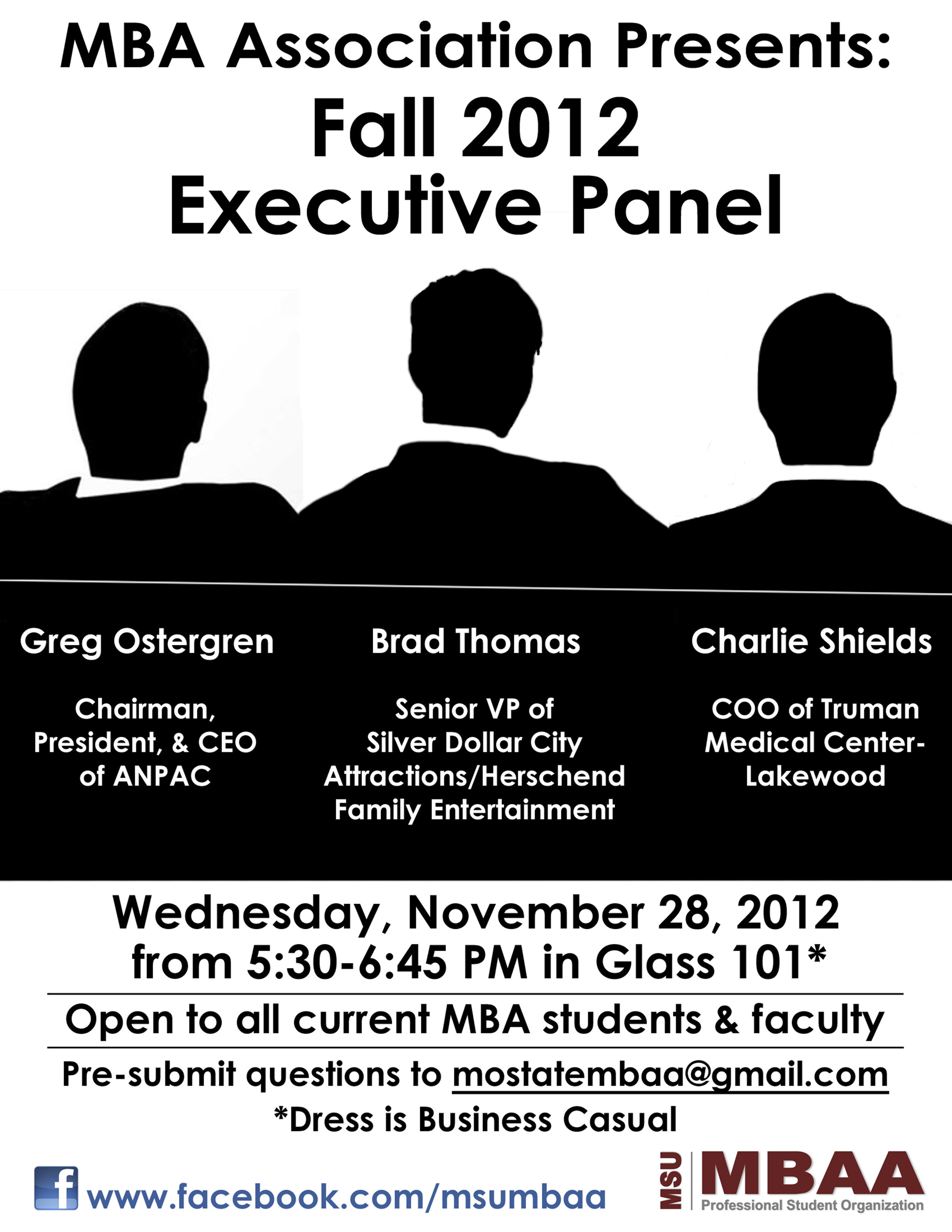As Vice President of Communications for the Missouri State MBA Association, I produced this design to be used as posters, flyers, and as a screen saver/background in the College of Business computer labs. In a last-ditch effort to fill the remaining seats, I taped the remaining flyers to the floor of the building as a road map from the entrances and elevators leading to the lecture hall in which the event was being held.