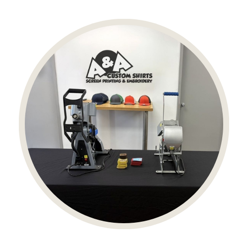 Professional onsite hat bar setup with heat press and custom patches for event activation.