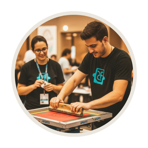Staff performing live screen printing at a promotional event for attendees.