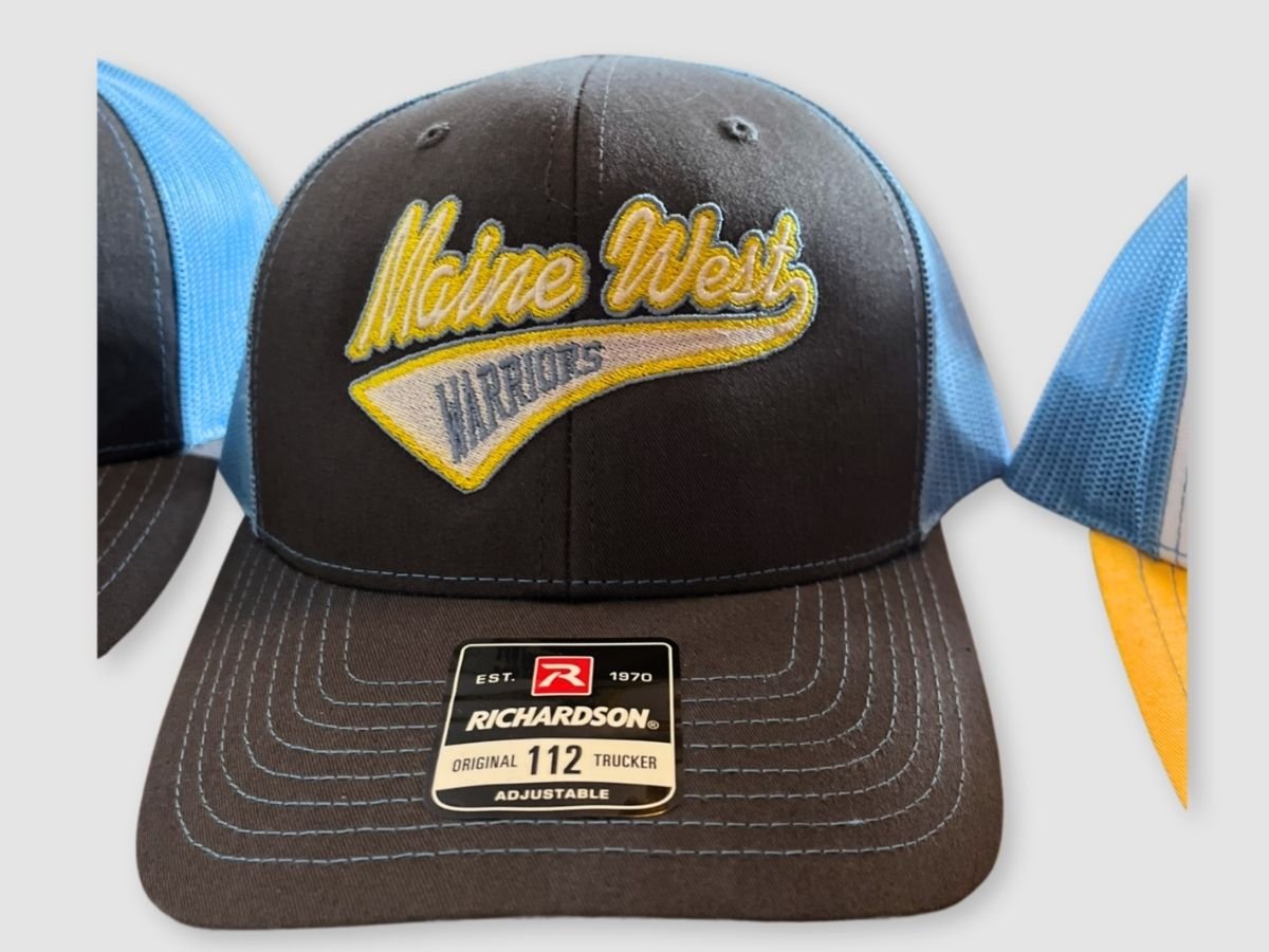 A black and blue Richardson 112 trucker hat featuring custom yellow and white 3D "Maine West Warriors" embroidery.