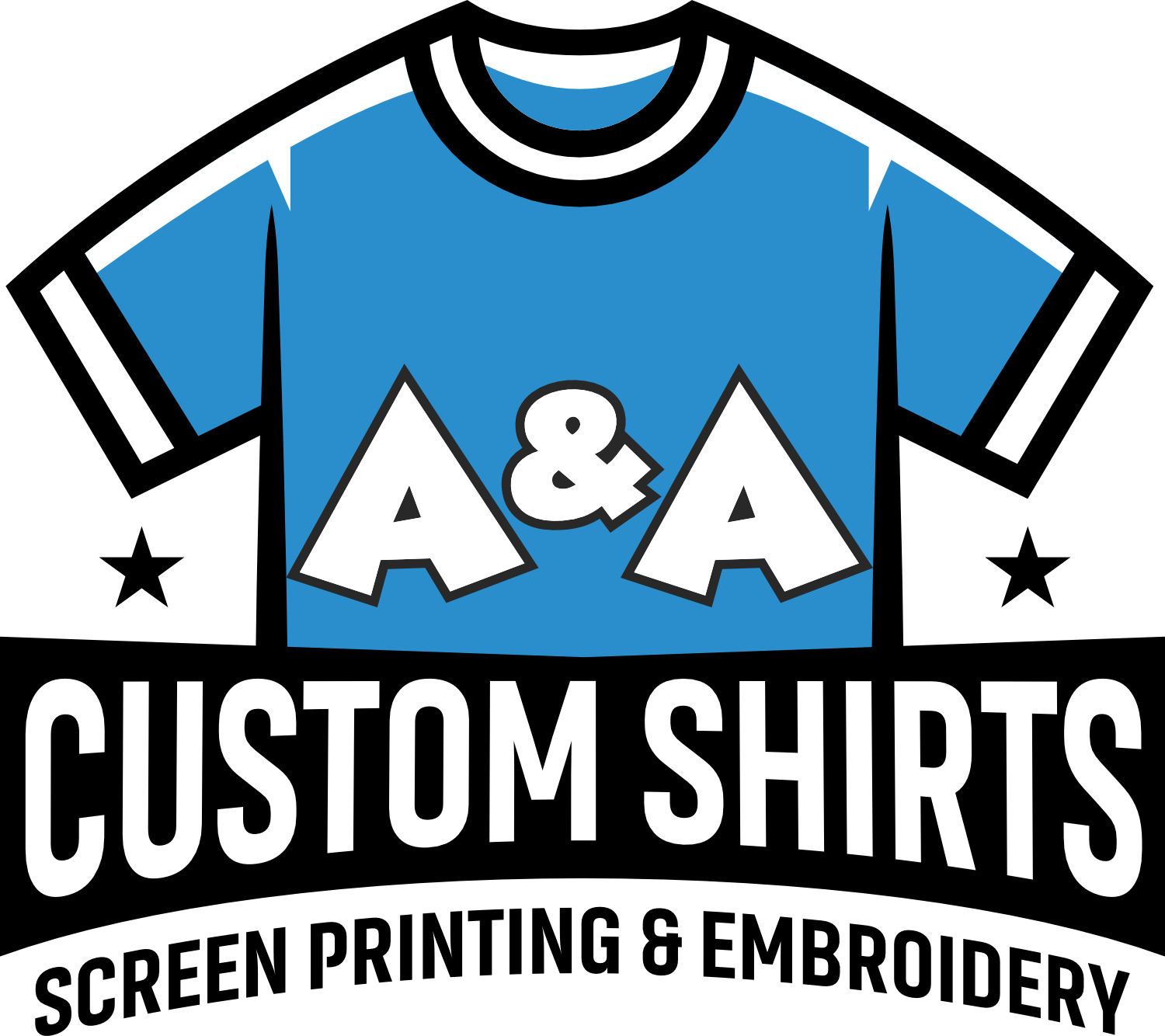 A&A Custom Shirts t-shirt icon logo above the four-step custom apparel ordering process, serving Elk Grove Village.