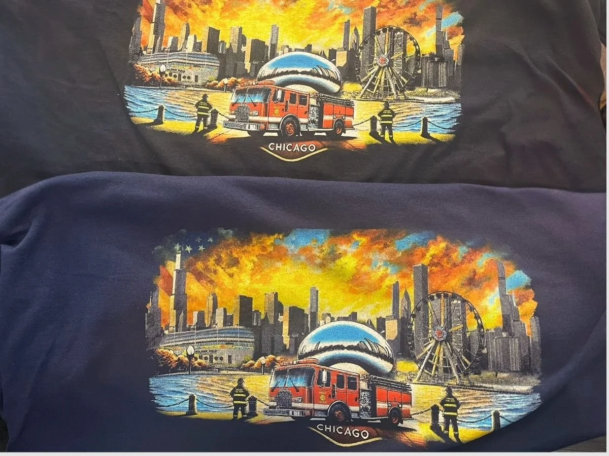 Custom bulk screen printing on t-shirts featuring high-detail multi-color graphic designs for businesses and local teams.