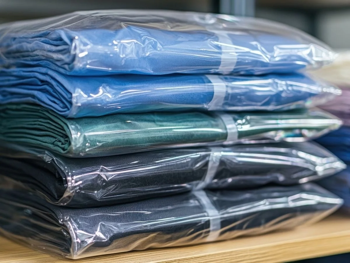 Retail-ready apparel finishing services including professional folding, poly-bagging, and custom hang-tagging for clothing brands.
