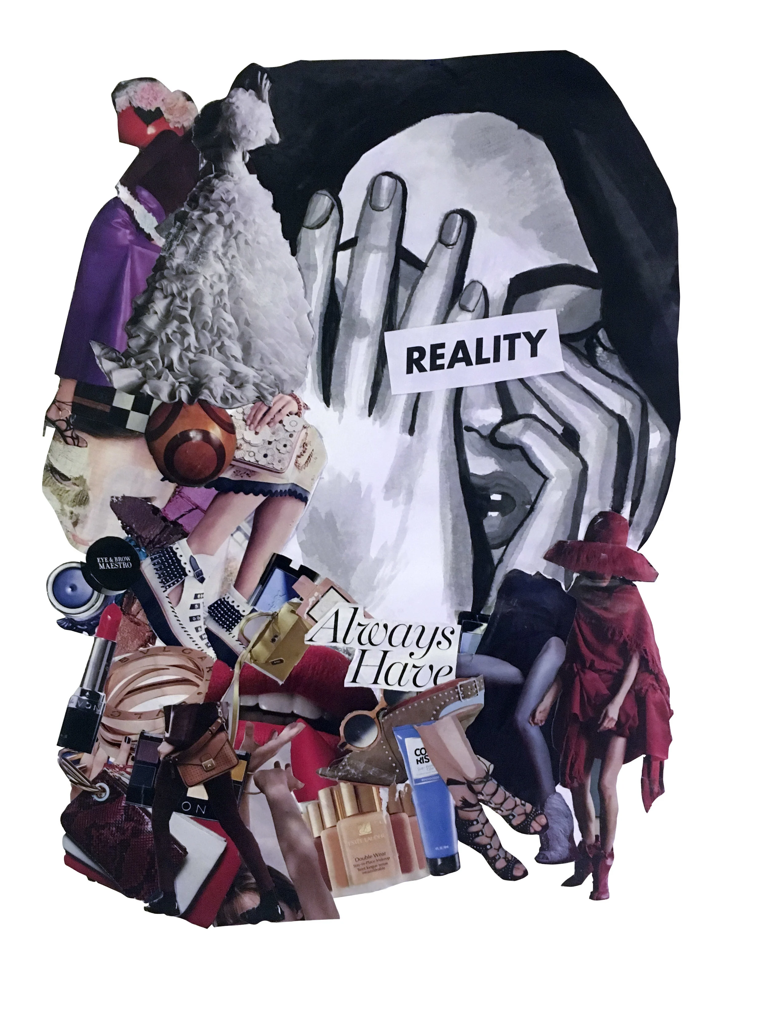  Drawing inspiration from the book,  Design: The Invention of Desire , by Jessica Helfand, I utilized collage and mixed media to  comment on consumerism, capitalism and mindfulness. 