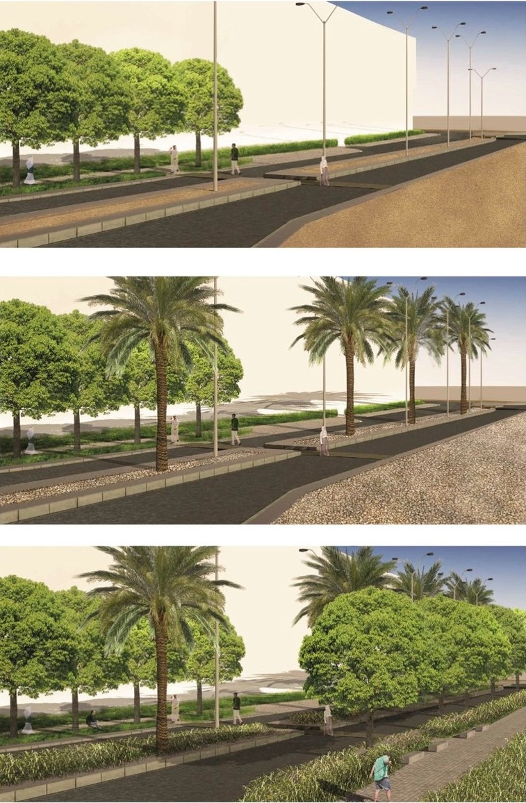 Planting and hardscape treatment comparisons in three option studies for a concept report.