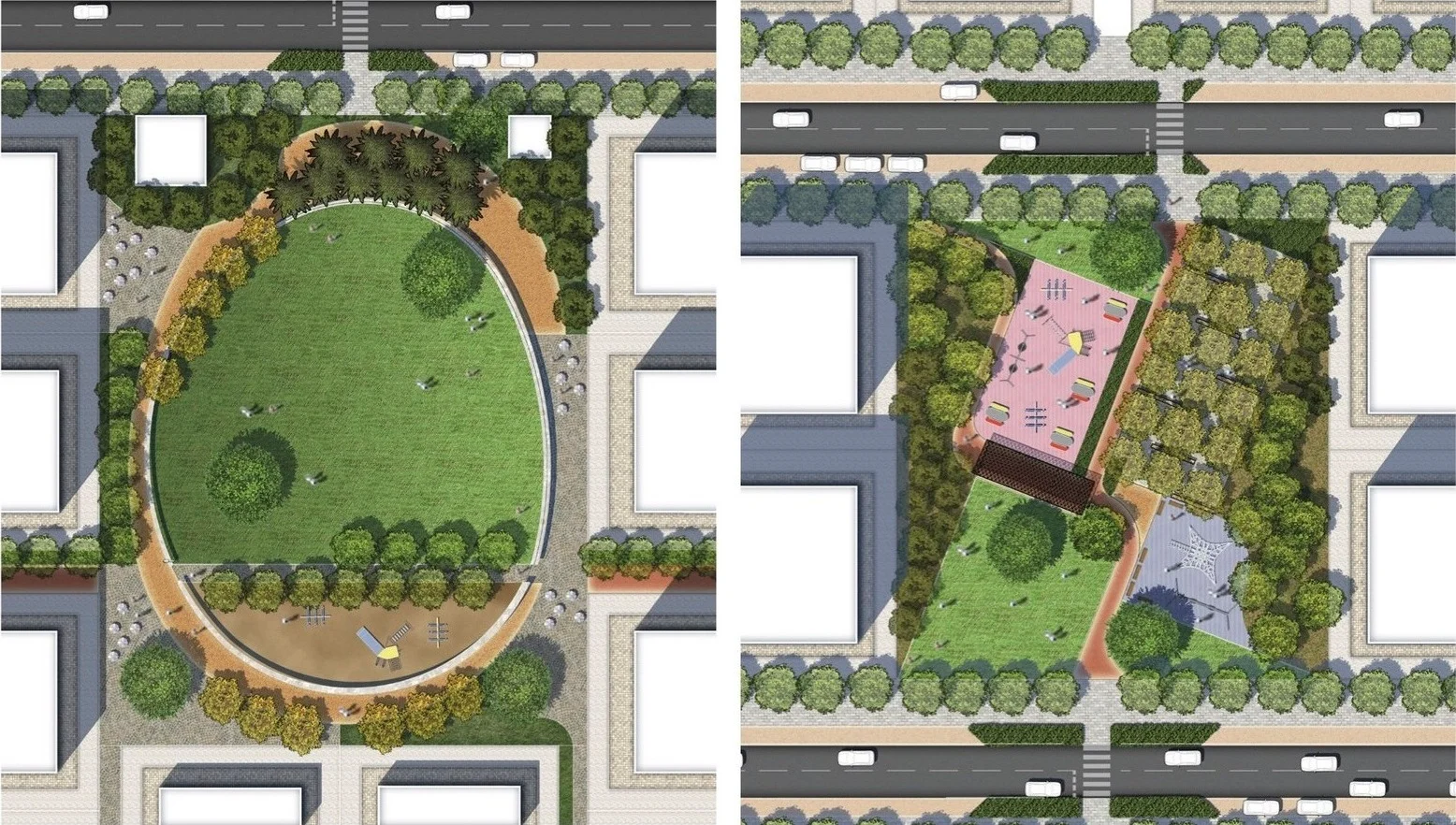 Proposed illustration plans of streetscapes and open spaces for a concept master plan for a low rise mixed-use residential development.