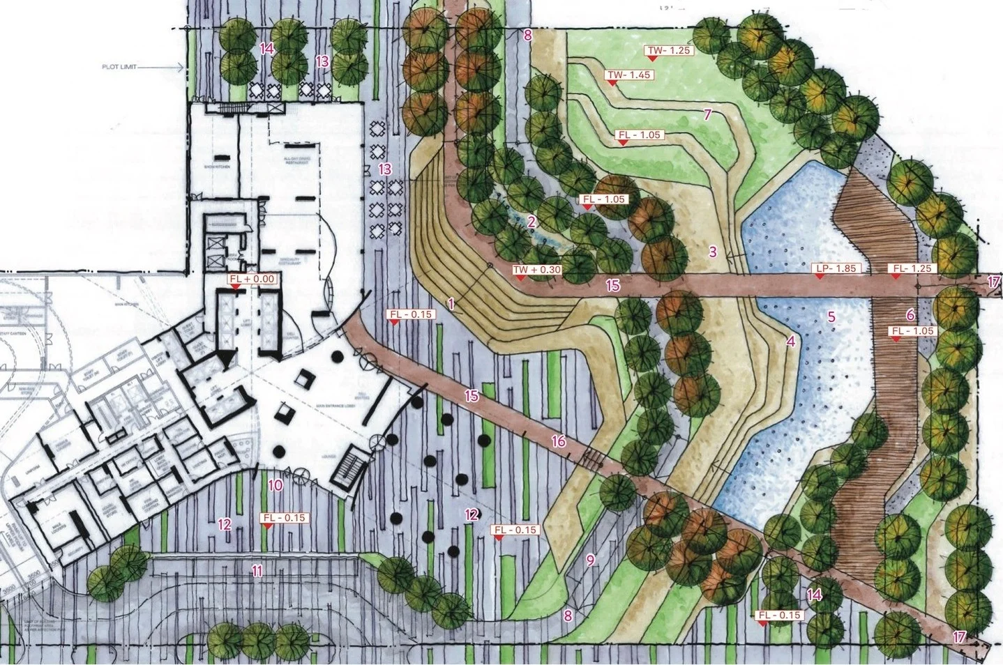 Schematic design for a proposed plaza at grade on ground level.