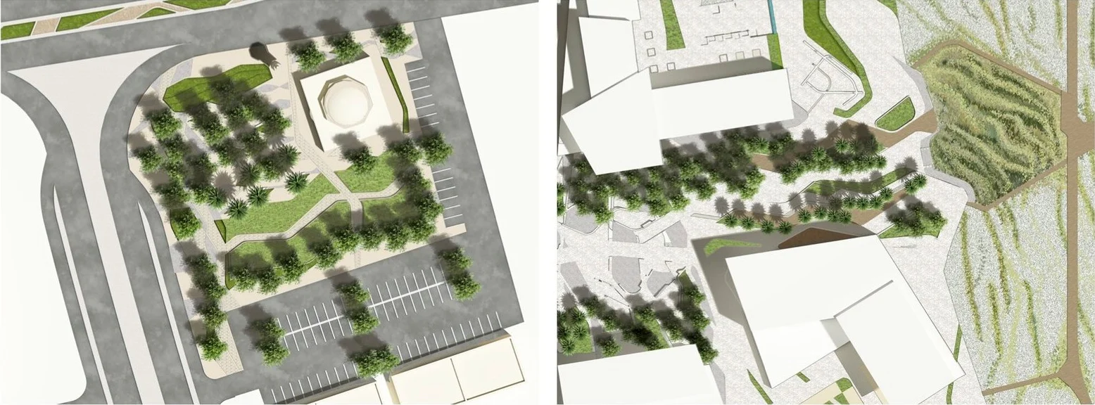 Renderings of rain gardens and community facilities. The striation pattern of the planting mimics the sand on the beach shoreline.