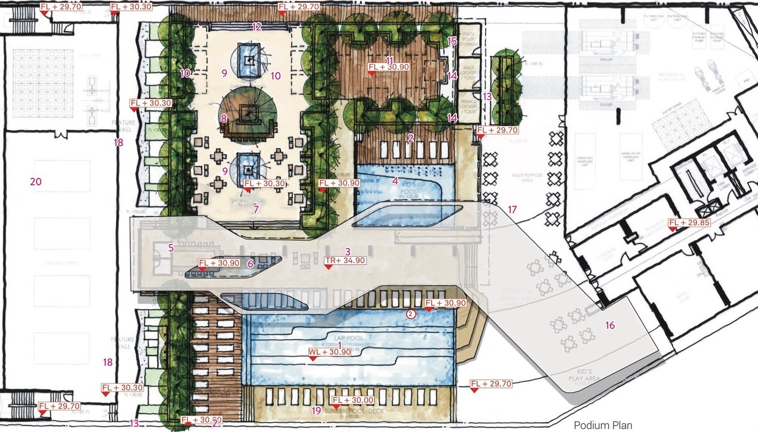 Schematic design for a proposed podium on the 7th floor of a tower.