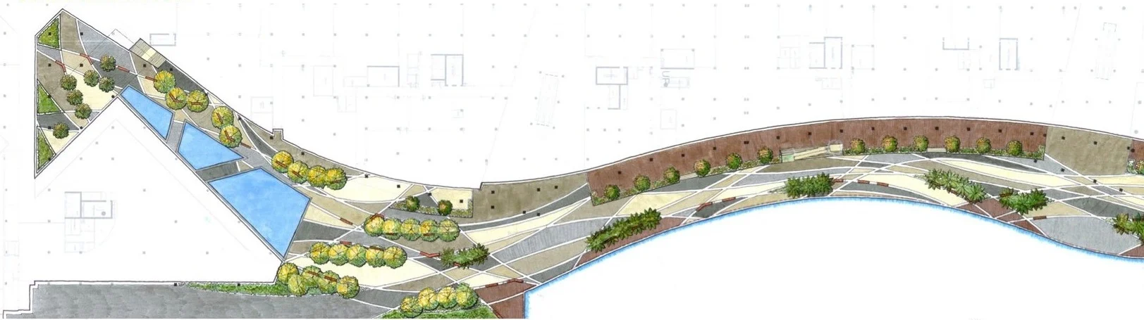 Hand rendered plan of a boardwalk.