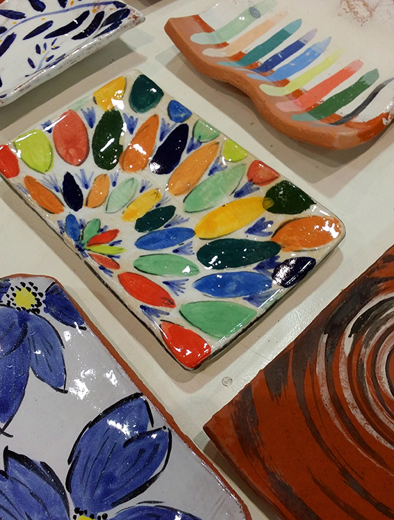 Colourful hand built platters
