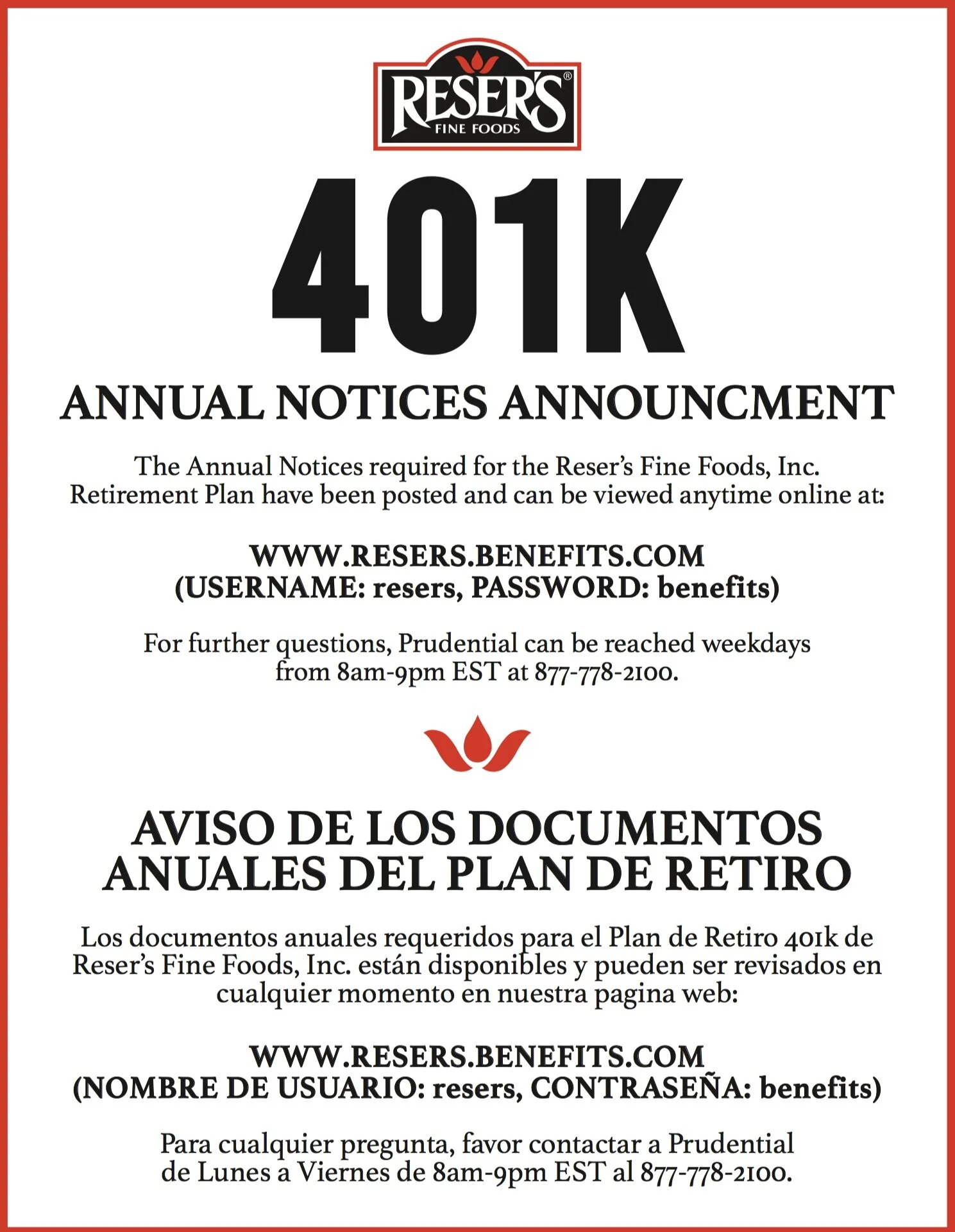 Reser's HR 401K Announcement Flyer