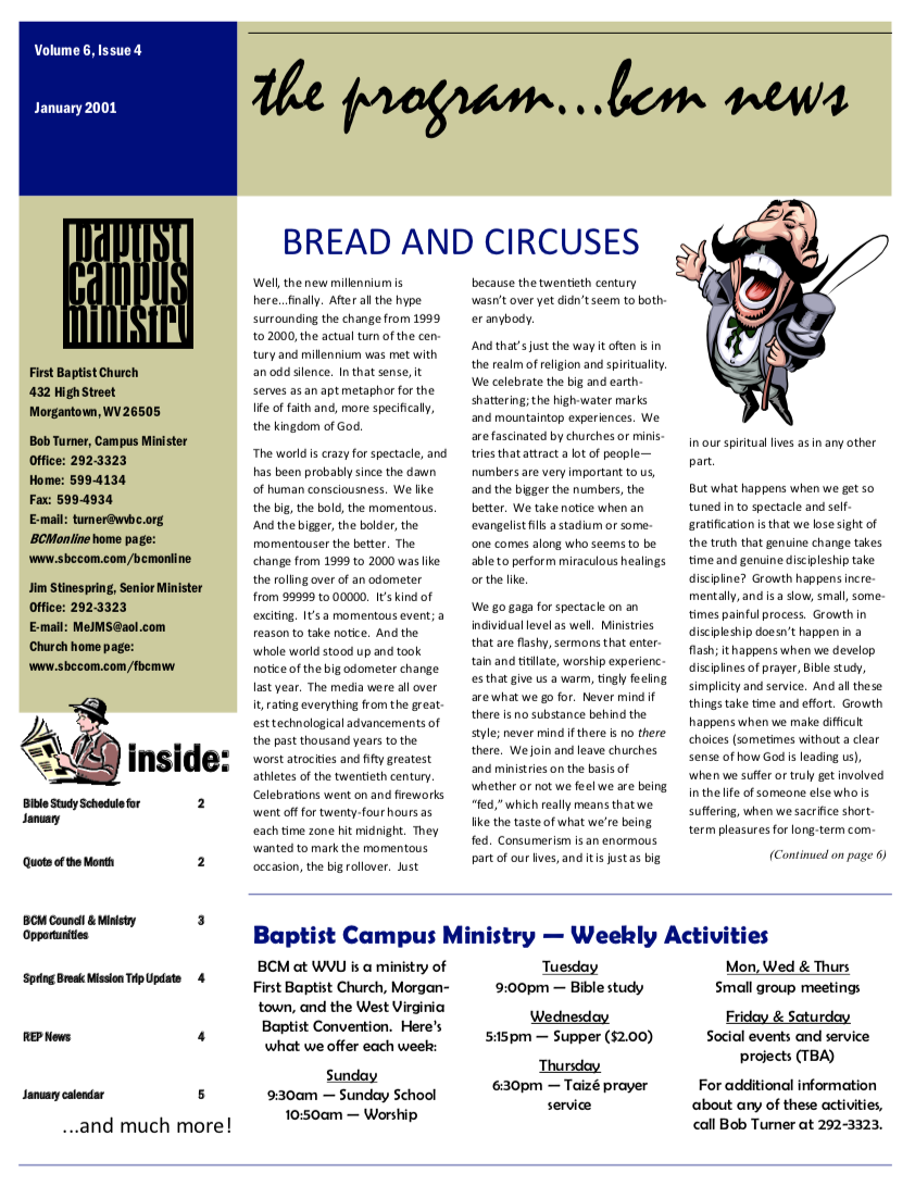 Baptist Campus Ministry Newsletter, Jan 2001