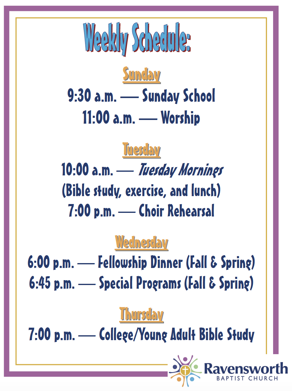 Ravensworth Weekly Schedule