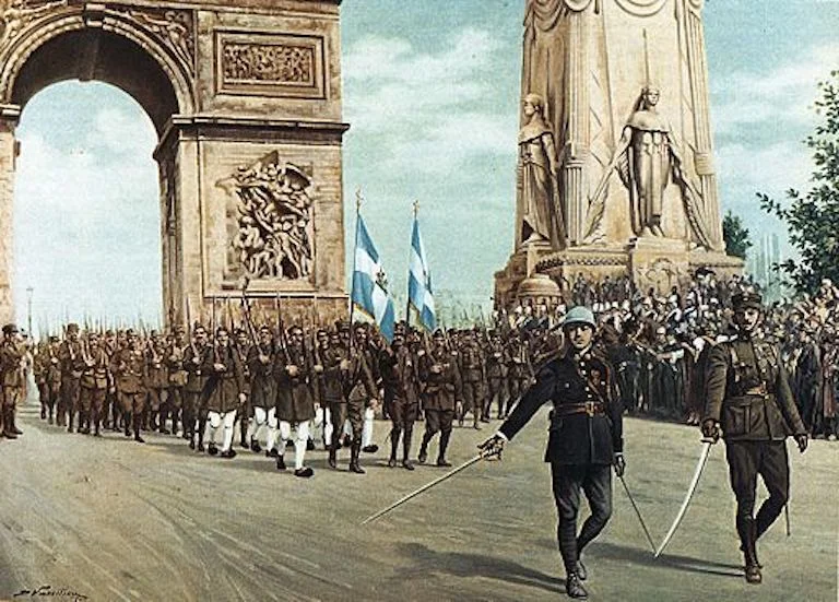 " Greek Parade Paris 1919 " by D. Vassiliou is a public domain image, via Wikimedia Commons