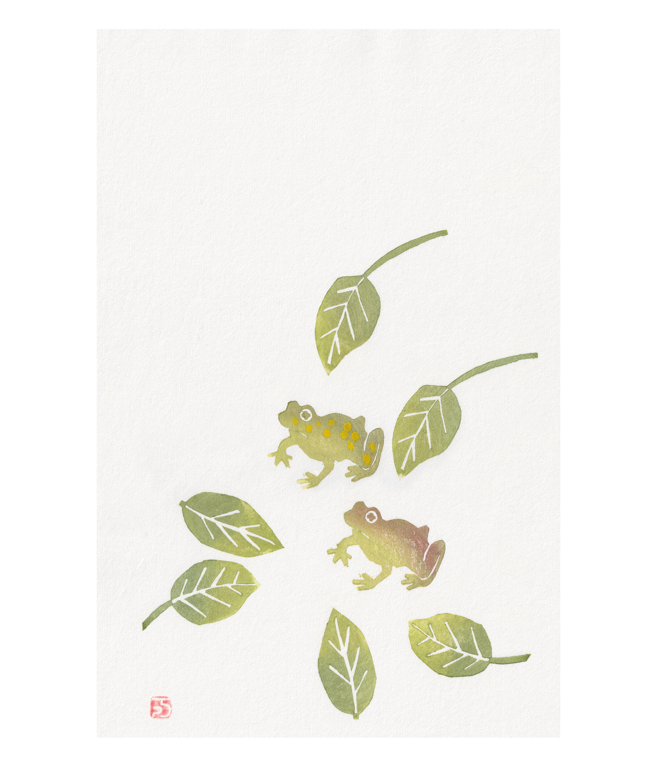 two frogs, six leaves