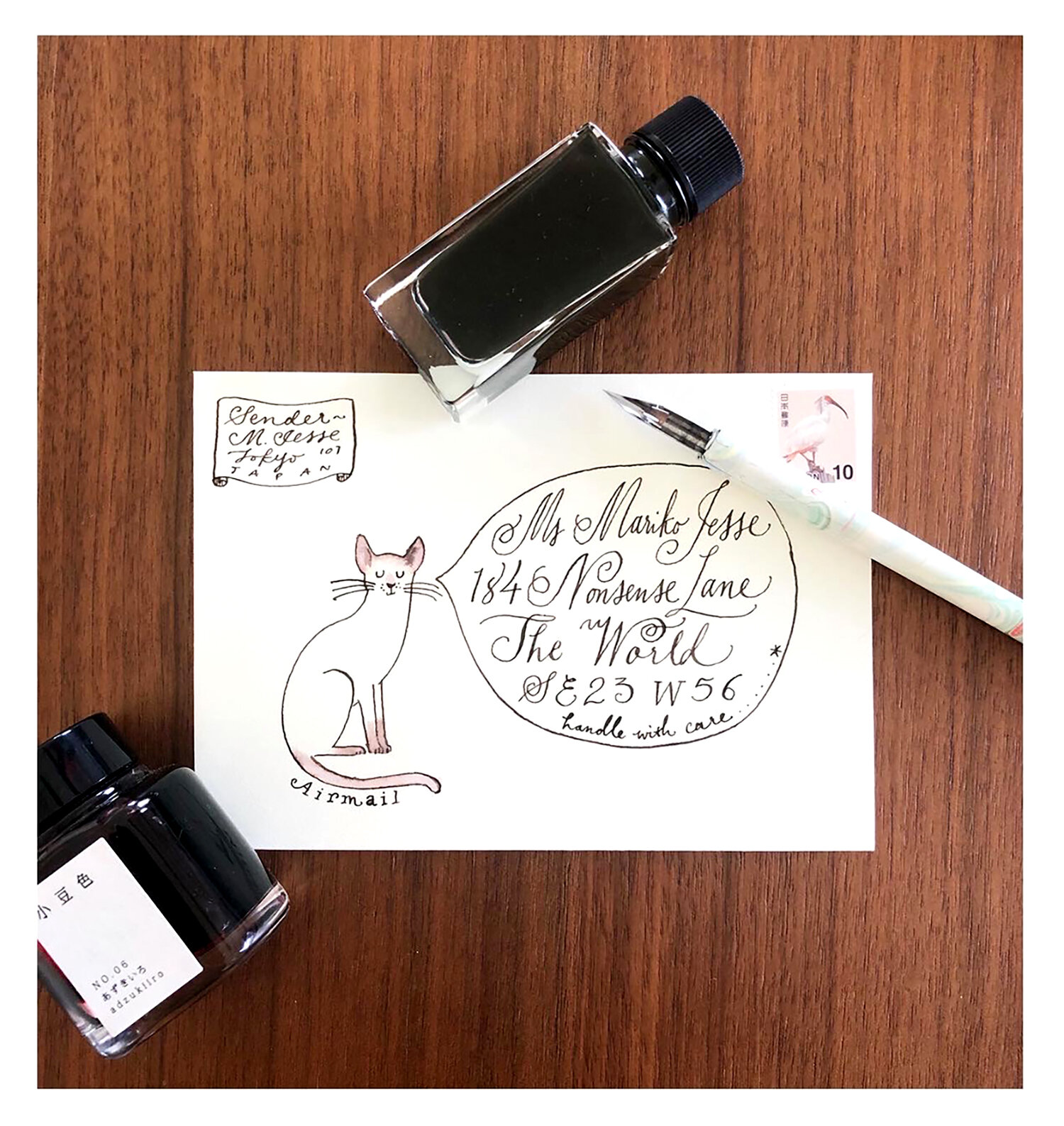 cat and calligraphy address envelope