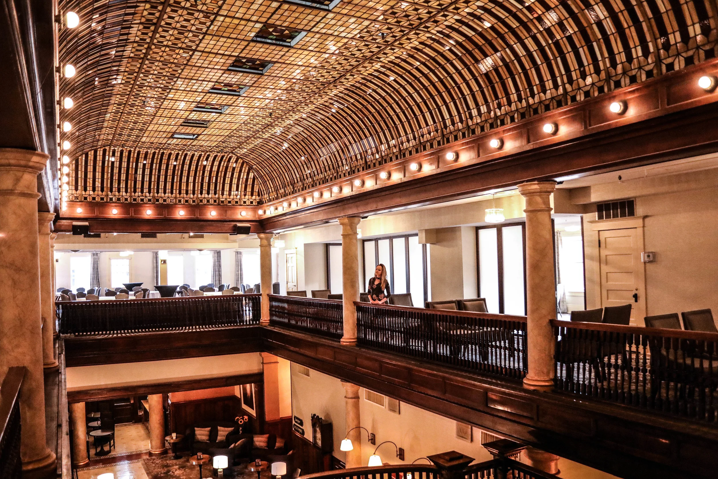 Hotel Boulderado’s historic stained-glass ceiling lobby.