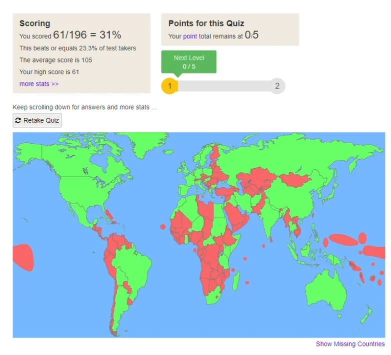 Day 1: Everything in green are all the countries I could name.
