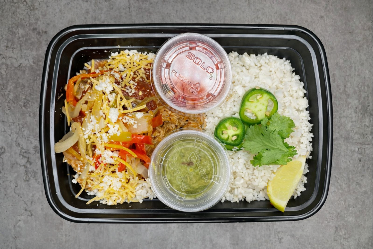 Chicken Enchilada Bowl, Jasmine Rice, Sautéed Pepper & Onions, Chipotle Enchilada Sauce, Cheddar Cheese, Queso Fresco, Guacamole & Jalapeño Garnish