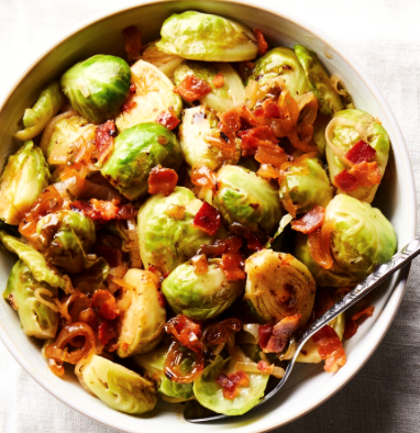 Roasted Brussels Sprouts with Applewood Bacon, Caramelized Onions