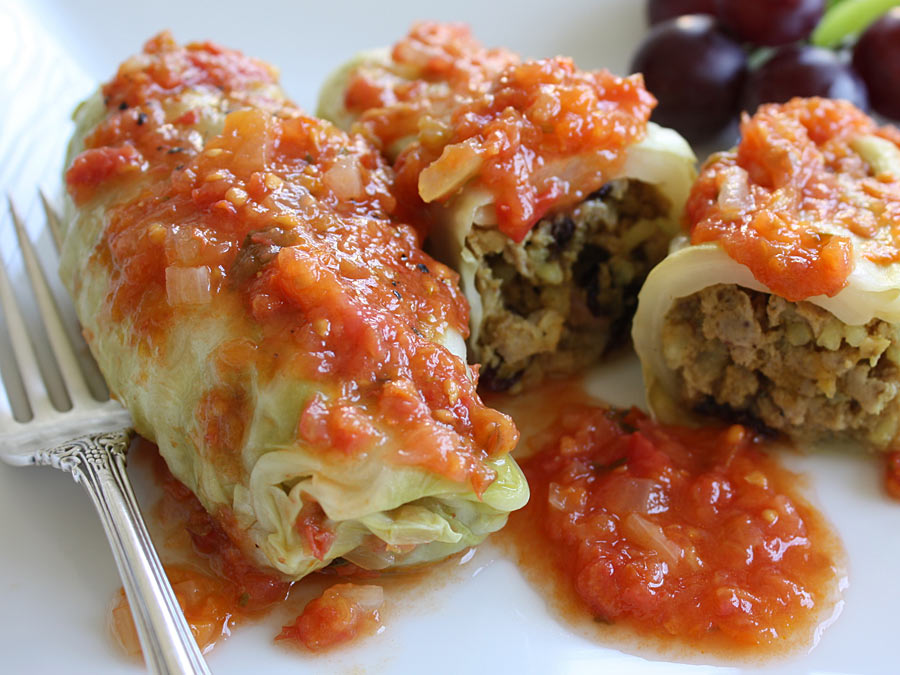 Whole30 Angus Beef Stuffed Braised Cabbage Rolls, Cremini Mushrooms & Cauliflower, Roasted Red Bliss Potatoes, Stewed Tomato Ragout