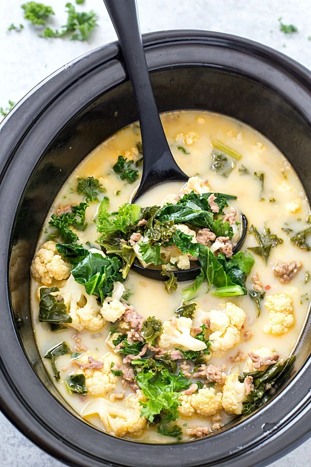Creamy Keto Tuscan Soup, Roasted Cauliflower, Italian Sausage, Green Curly Kale, Herbs &amp; Parmesan Cheese