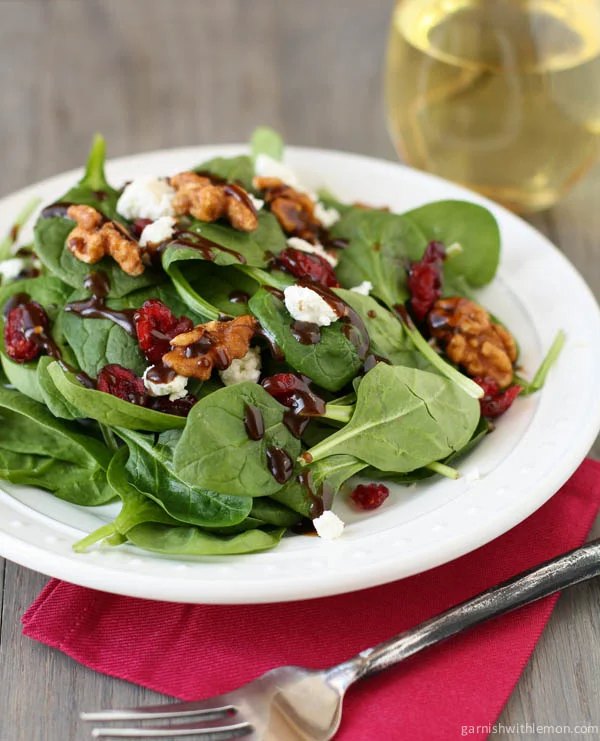 Baby Spinach Salad with Tart Dried Cherries, Applewood Bacon, Crumbled Goat Cheese, Toasted Pecans, Tart Cherry Balsamic VInaigrette