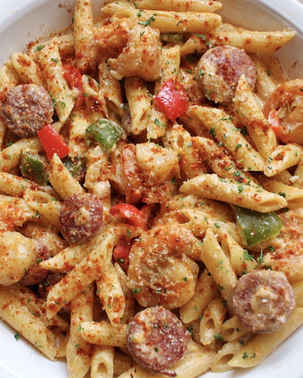 Gluten Free Creamy Blackened Shrimp & Local Andouille Rigatoni, Creole Parmesan Cream Sauce