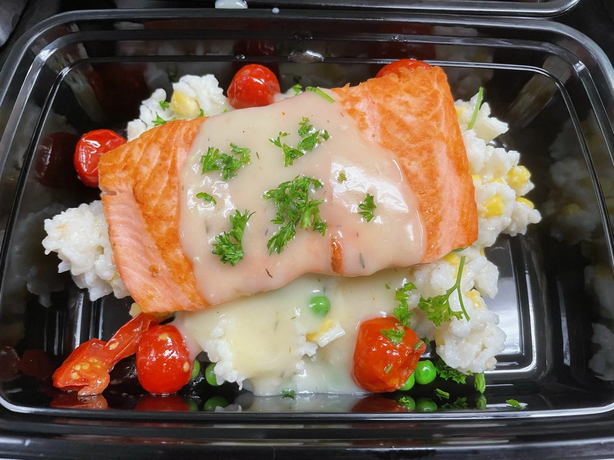 Pan Seared Salmon Fillet, Sweet Corn & Pea Risotto, Roasted Grape