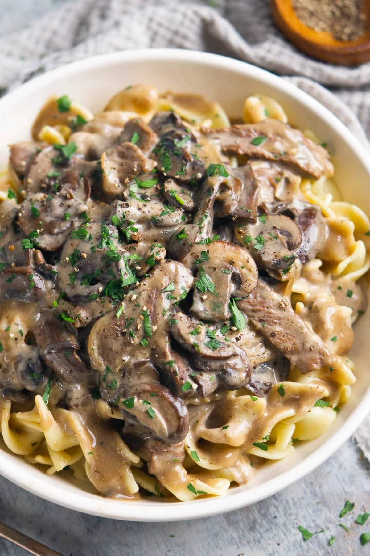 Beef Stroganoff, Braised Angus Beef, Roasted Mushrooms, CHOICE OF: Zucchini "Buttered Noodles" or Traditional Egg Noodles