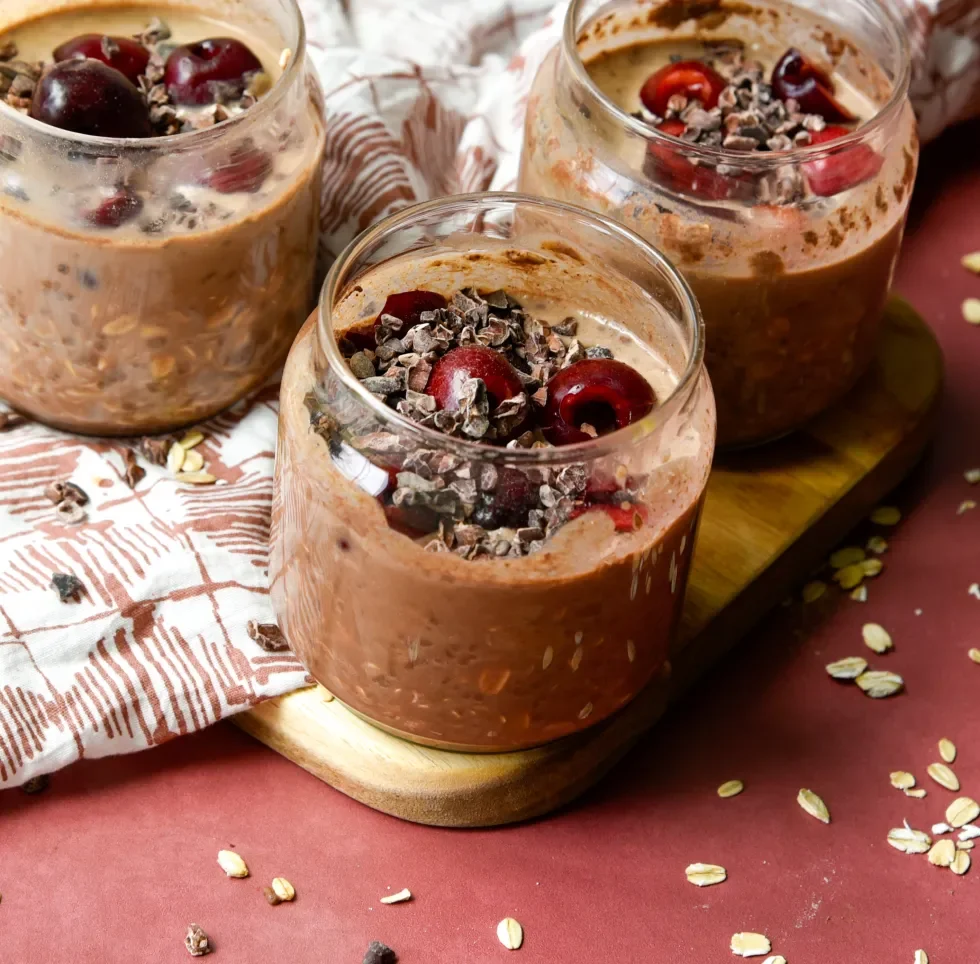 Chocolate Cherry Overnight Oats with Almond Butter & Pumpkin Seed