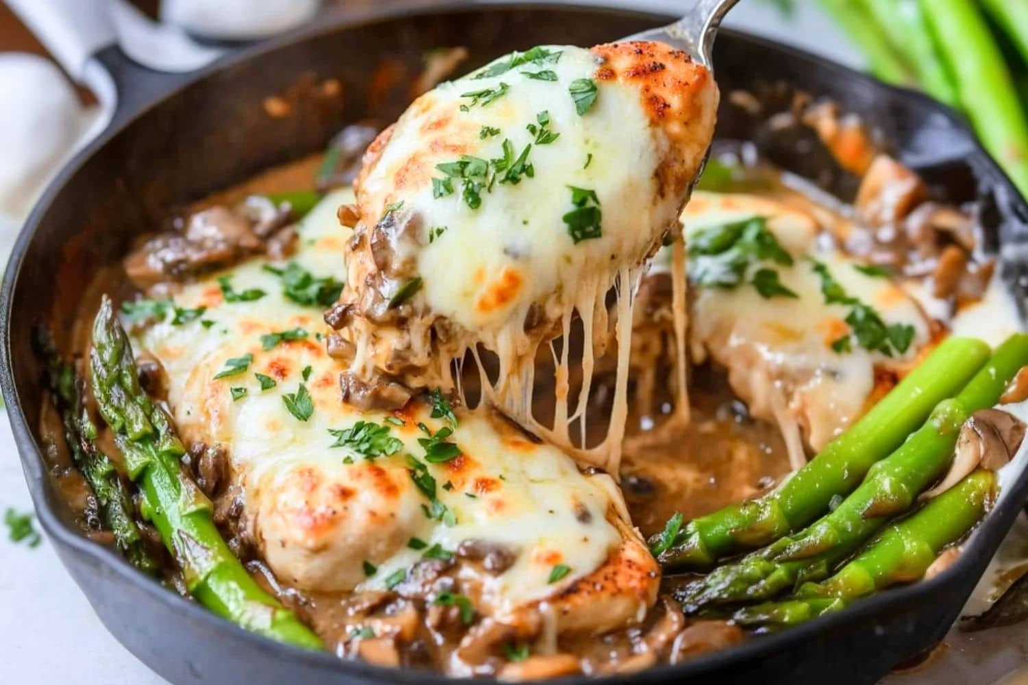 Chicken Madeira, Roasted Chicken Breast, Creamy Madeira Pan Sauce, Cremini Mushrooms, Mozzarella, Roasted Asparagus, Red Bliss Mashed Potatoes