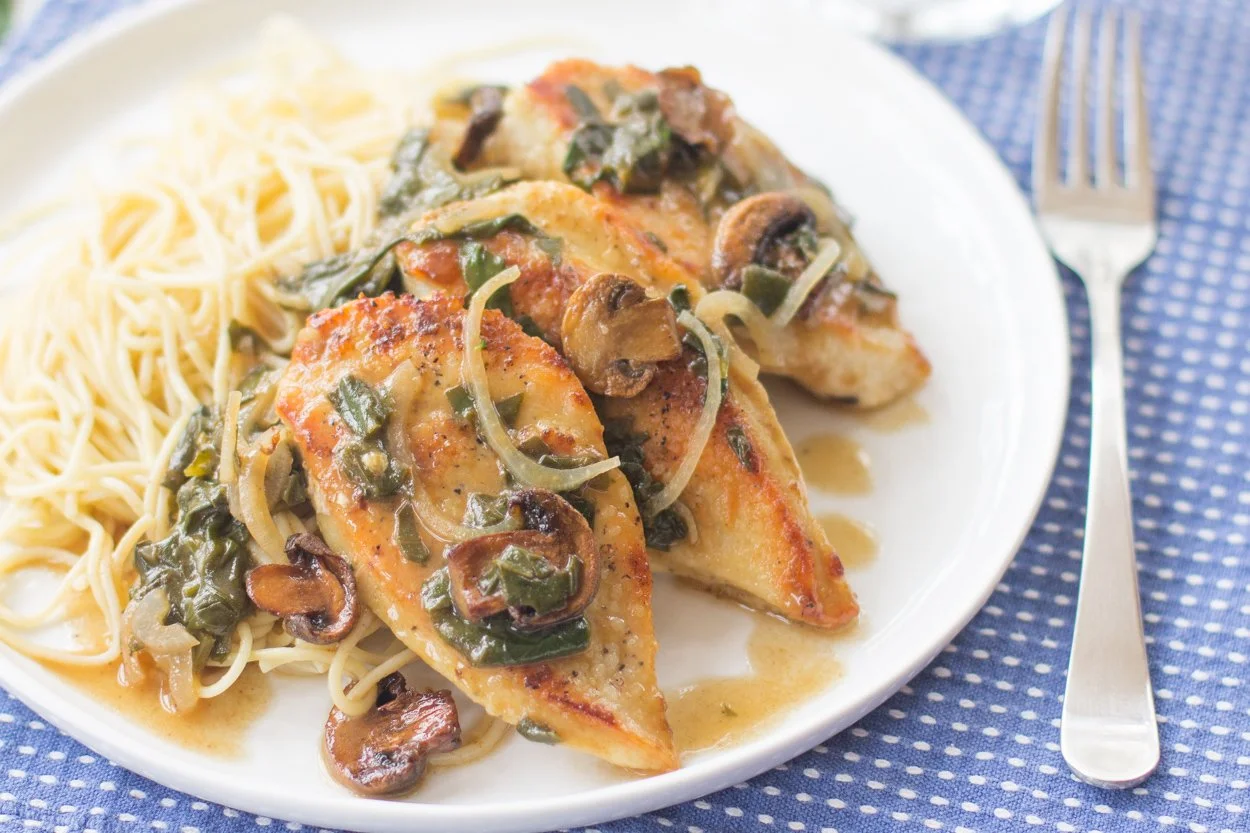 Grilled Chicken Breast Marsala, Organic Italian Spaghetti, Roasted Garlic & Lemon Dressed Baby Spinach